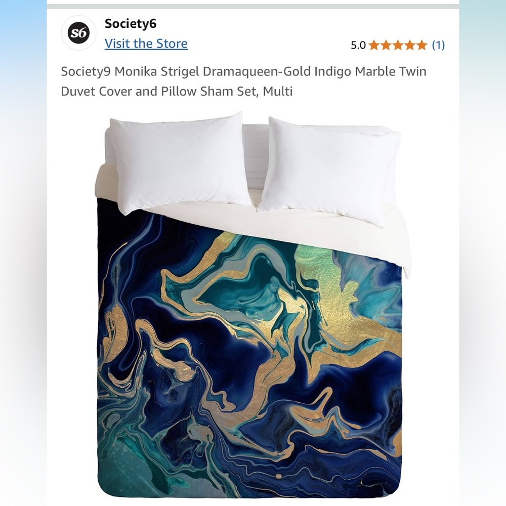 Society6 Twin Duvet Luxurious Blue and Gold Bedding Set